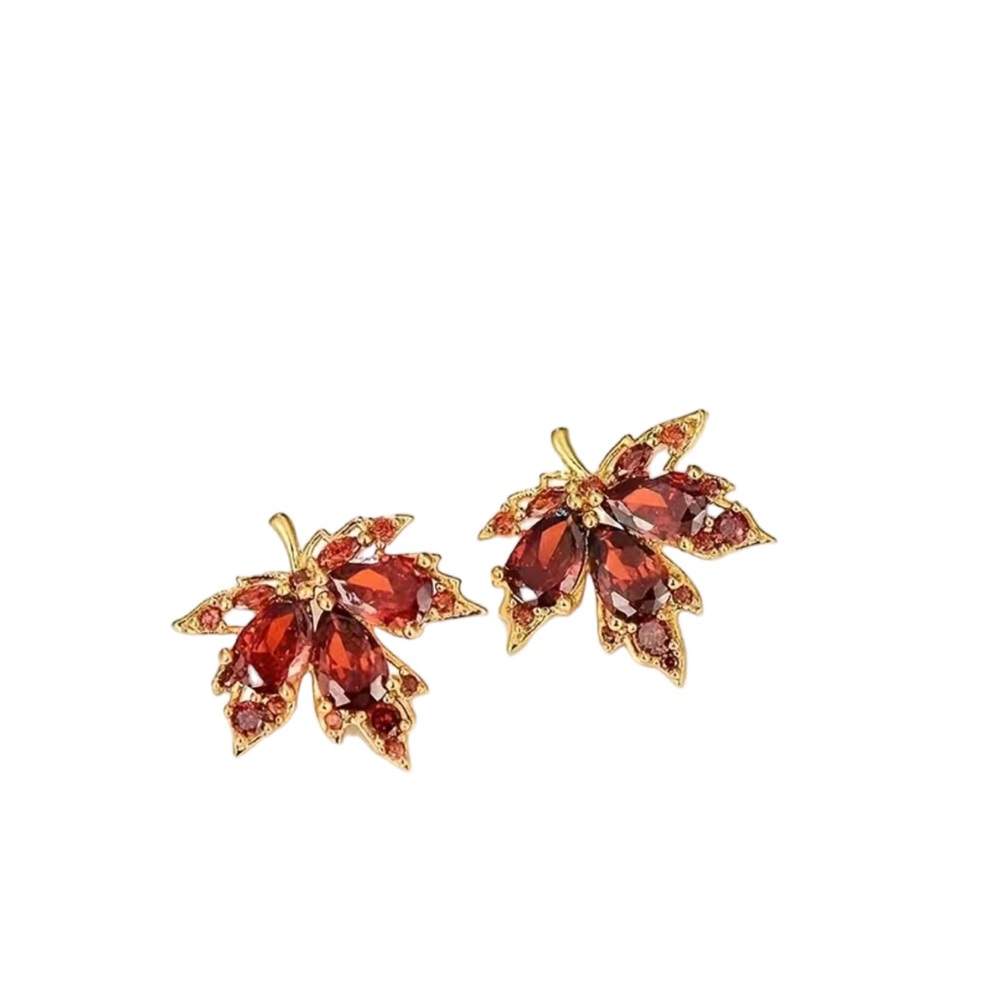 24K Gold Plated Maple Leaf Design Stud Earrings with Red Zircon Accents